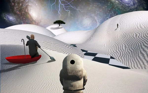 Astronaut Steht Surrealer Weißer Wüste Der Mann Schwebt Einem Roten — Stockfoto
