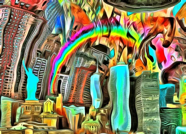 Centro Rainbow Sobre Manhattan Renderizado — Foto de Stock