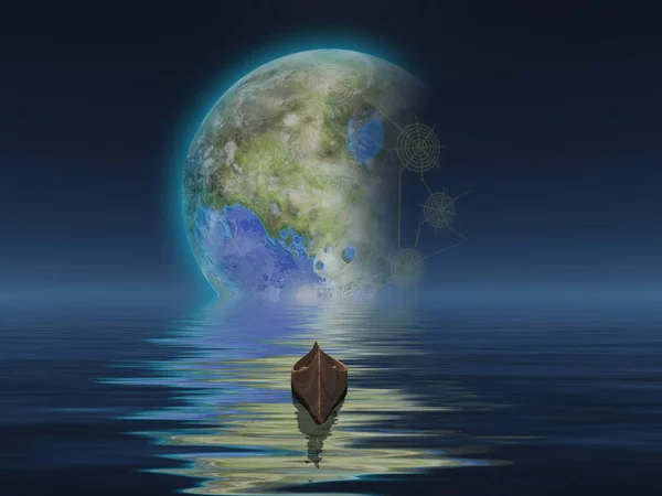 Boot Auf Der Wasseroberfläche Gegen Den Planeten Rendering — Stockfoto