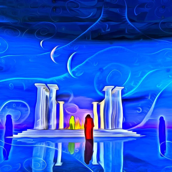 Surreal Painting White Temple Fire Monks Spirals Time — Stock Photo, Image