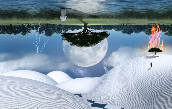 Нереальная Белая Пустыня Горящее Зеленое Дерево Песчаной Дюне Фигура Человека — стоковое фото