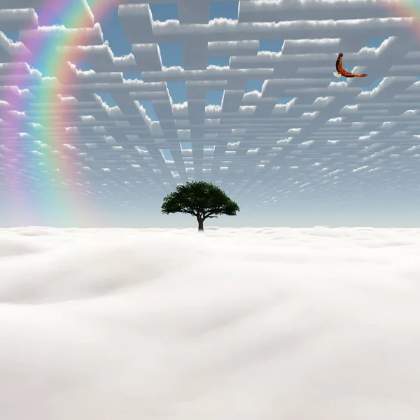 在一片云的田野上绿树 天空中的老鹰 — 图库照片