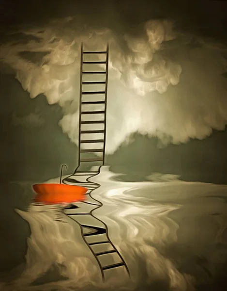 Surreal Painting Flood Red Umbrella Floats Water Ladder Leads Sky — Stock Photo, Image