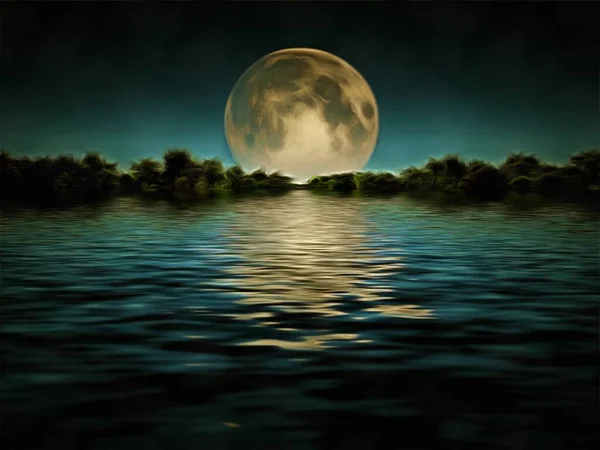 超现实的绘画 地面月亮在水面上 — 图库照片