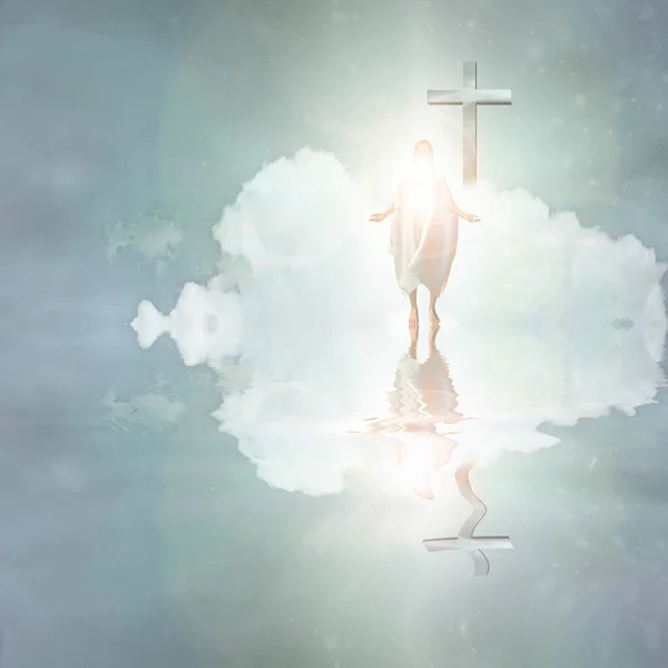 Cross Hangs Sky Bright Figure Walking Water — Stockfoto