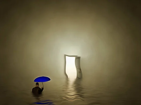 Peinture Surréaliste Homme Avec Parapluie Bleu Debout Dans Eau Porte — Photo