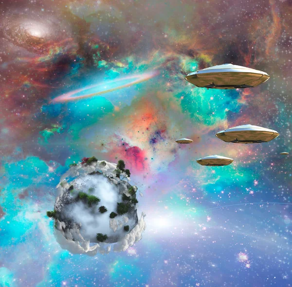 Flygande Tefat Färgglada Universum Abstrakt Exoplanet — Stockfoto