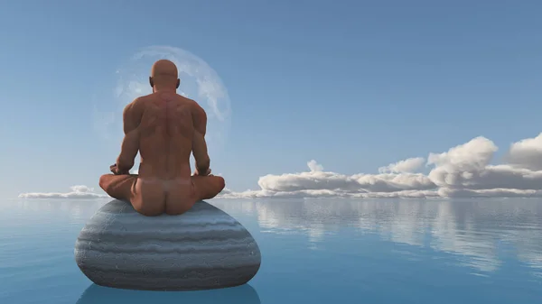 Man Meditates Sitting Stone Still Water Rendering — Stock Photo, Image