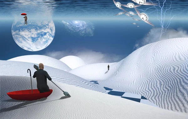 Surreal Painting Man Red Umbrella Floating White Desert Another Man — Stock Photo, Image