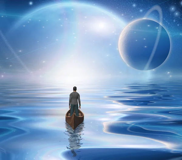 Mann Boot Auf Wasseroberfläche Mit Weltraum Hintergrund Rendering — Stockfoto