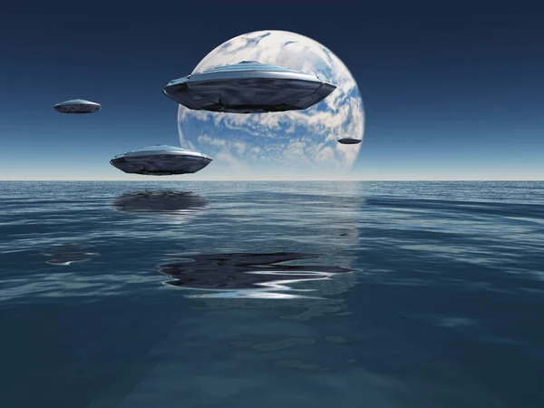 Летающие Тарелки Над Водой Терраформированная Луна Горизонте — стоковое фото