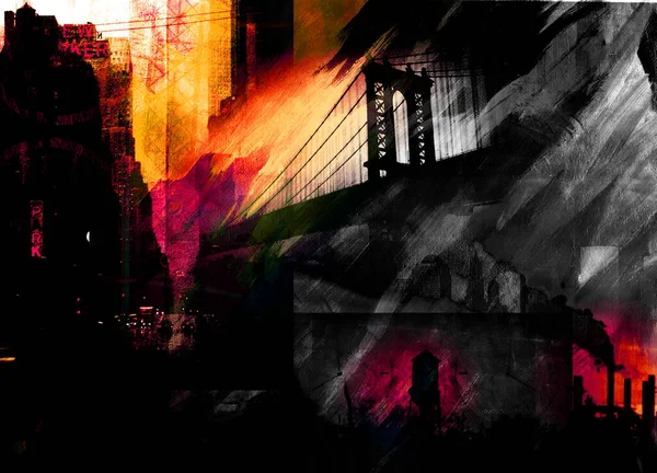 Pont Manhattan Peinture Dramatique Aux Couleurs Sombres — Photo