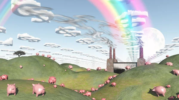 Surreale Landschaft Mit Fabrik Und Schweinen — Stockfoto