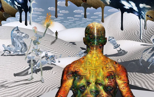 Man Met Vreemde Ogen Het Lichaam Staat Surrealistische Woestijn Met — Stockfoto