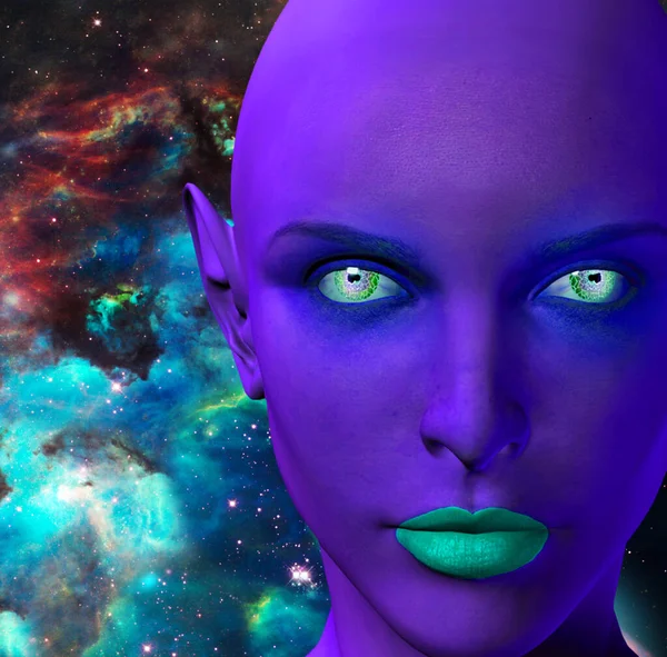 Dişi Uzaylının Yüzü Arkaplanda Renkli Bir Evren — Stok fotoğraf