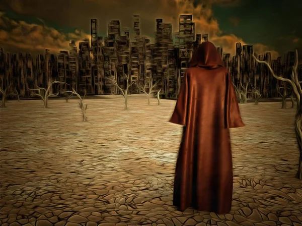 Surreal Painting Figure Cloak Stands Desolate City Arid Land — Stock Photo, Image