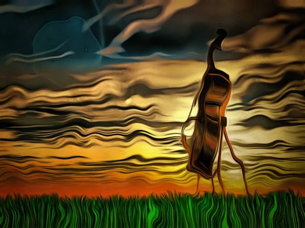 Een Surrealistisch Schilderij Cello Bij Zonsondergang — Stockfoto