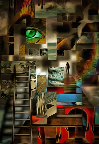Composición Surrealista Compleja Elementos Geométricos Ojo Dios Piezas Ajedrez Escalera — Foto de Stock
