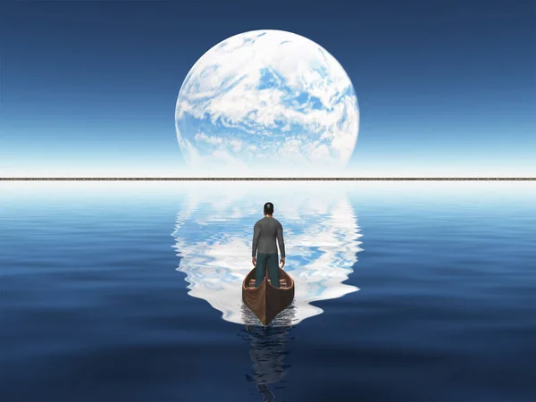 ボートに乗って明るい月に航海中の男 3Dレンダリング — ストック写真
