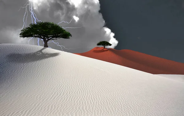 Deserto Branco Relâmpago Céu Árvores Verdes — Fotografia de Stock