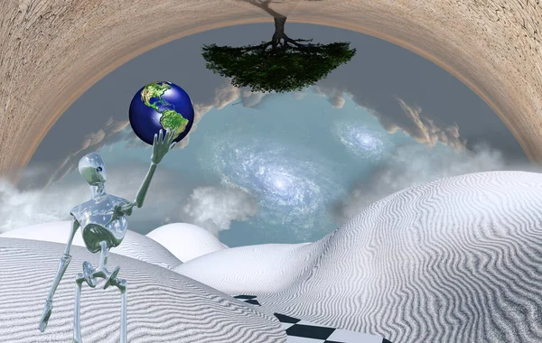 Surreale Weiße Wüste Außerirdischer Hält Erde Der Hand — Stockfoto