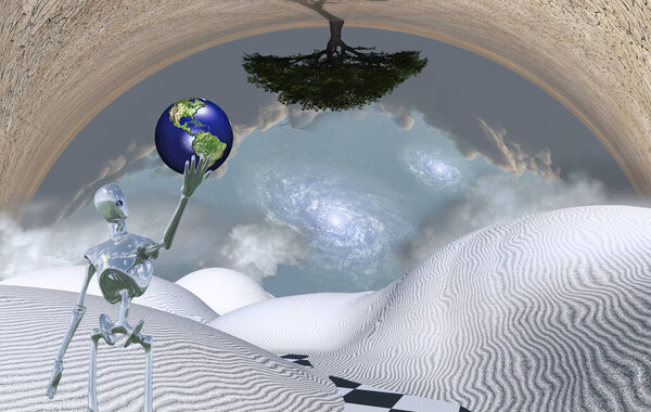 Surreal white desert. Alien holds earth in his hand.