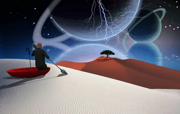 Surreal Painting Man Red Umbrella Floating White Desert Green Tree — Stock Photo, Image