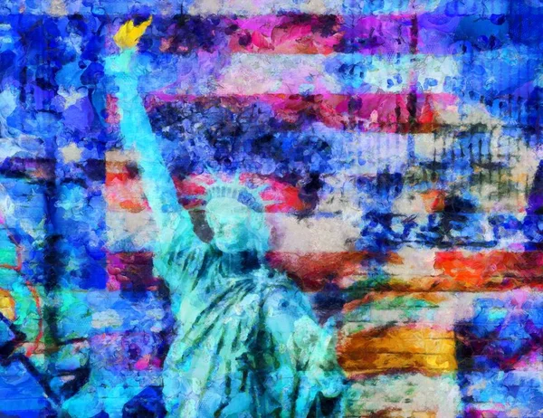 Estátua Liberdade Bandeira Americana Fundo Pintura Óleo Pinceladas — Fotografia de Stock