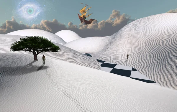 Surrealistyczna Pustynia Zielone Drzewo Wydmie Postać Człowieka Oddali Starożytny Statek — Zdjęcie stockowe