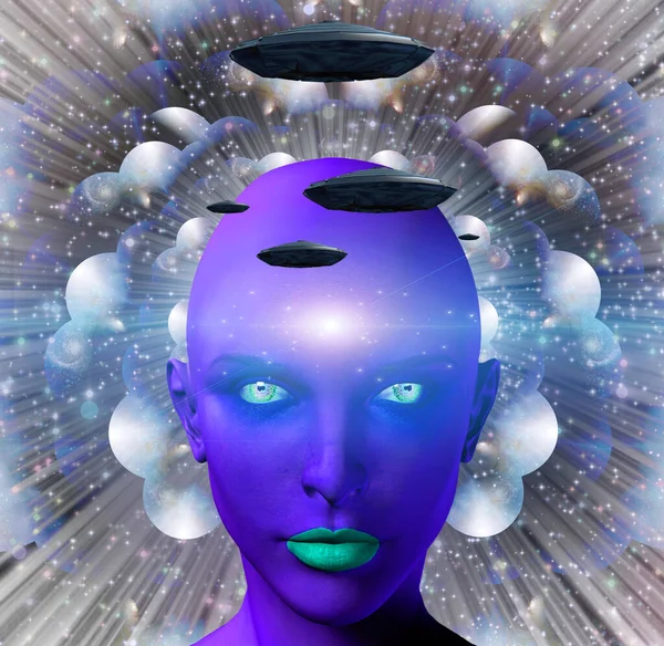 Фиолетовое Женское Лицо Летающими Тарелками Многослойными Пространствами — стоковое фото
