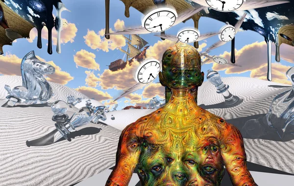 身体上有奇怪眼睛的人站在超现实的沙漠里和国际象棋的人物在一起 飞钟和古船在天空中 — 图库照片