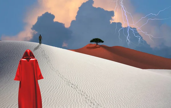 Figure Cloak Stands Desert Man Distance Green Tree Cloudy Sky — Stock Photo, Image