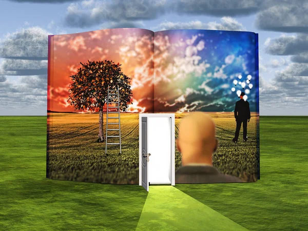 Surrealismo Libro Con Porta Aperta Uomo Con Lampadine Rappresenta Idee — Foto Stock