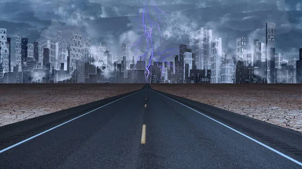 Stormy Sky Desert Road Leading City Rendering — 图库照片