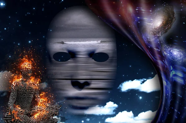 シュールレアリズム 空にマスク 蓮のポーズで男の燃える姿 歪んだ空間 — ストック写真