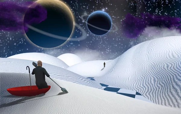 Surreal Painting Man Red Umbrella Floating White Desert Figure Man — Stock Photo, Image