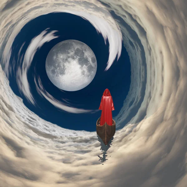 Figura Túnica Roja Flotando Luna Llena Las Nubes Renderizado — Foto de Stock