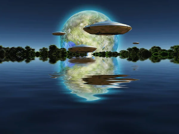 Flying saucers approach terraformed moon. Green forest surrounded by water at the horizon.