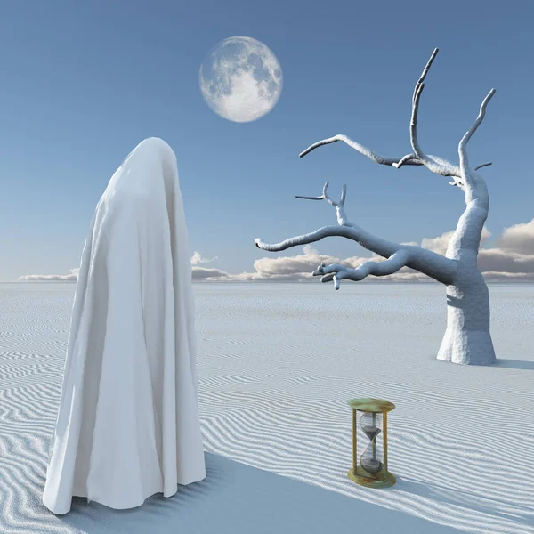 Сюрреалистичная Картина Фигура Белом Хиджабе Стоит Пустыне — стоковое фото