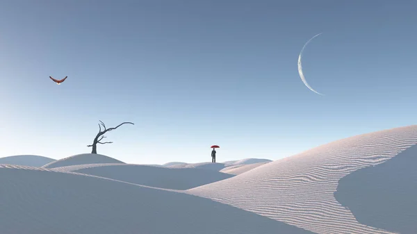Hombre Desierto Con Árbol Desnudo Luna Surreal Haunting Desert Concept —  Fotos de Stock