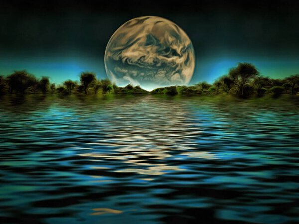 Surreal painting. Green shore with trees. Terraformed moon at the horizon.