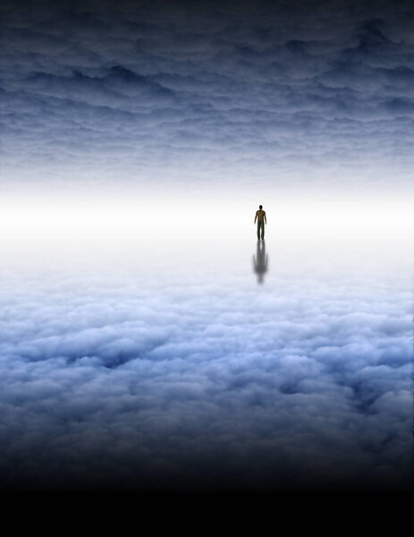 Крошечный человек в большом белом облаке заполненном пространстве
