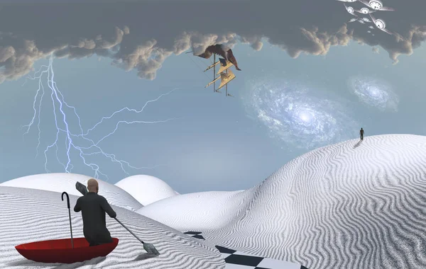 Surrealistyczny Obraz Człowiek Czerwonym Parasolu Unoszący Się Białej Pustyni Postać — Zdjęcie stockowe