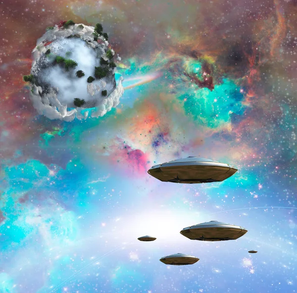 カラフルな宇宙の空飛ぶ円盤 系外惑星 — ストック写真