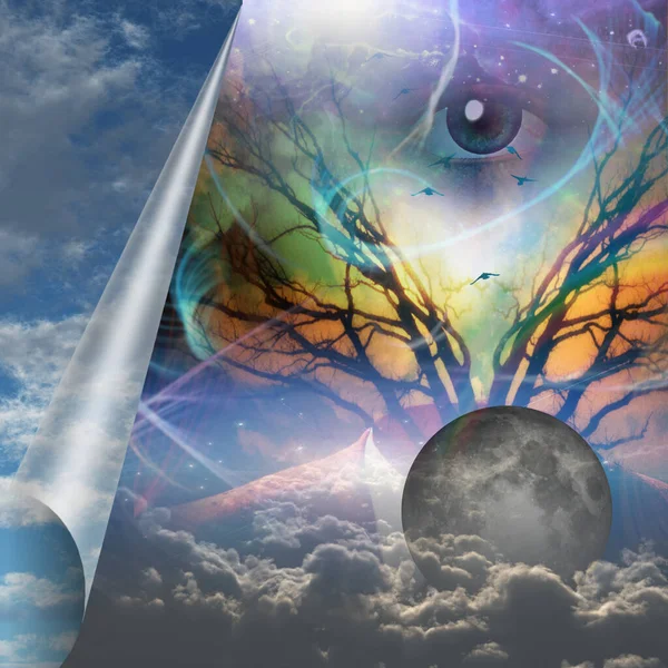 Surrealismus Boží Oko Měsíc Mraky Oblek Větve Stromu — Stock fotografie