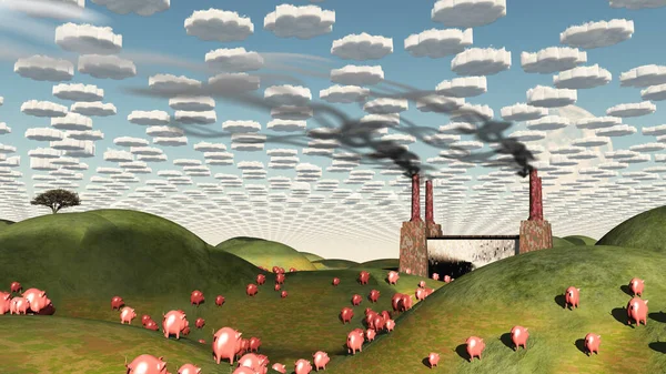 Surrealistiskt Landskap Med Fabrik Och Svin Moviong Mot Fabriken — Stockfoto