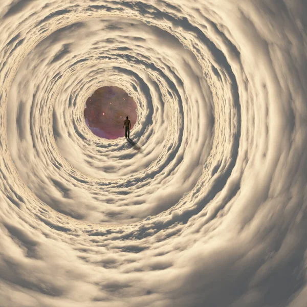 男は曇りの宇宙トンネルを歩く 3Dレンダリング — ストック写真