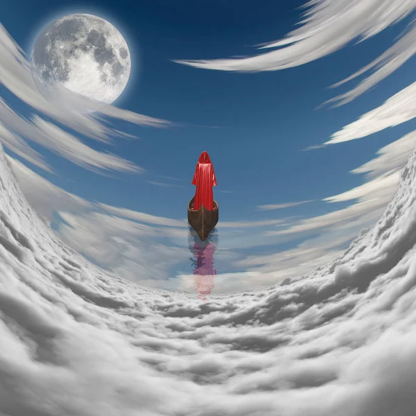 Фігура Червоному Халаті Плаває Щоб Сповнити Місяць Хмарах — стокове фото