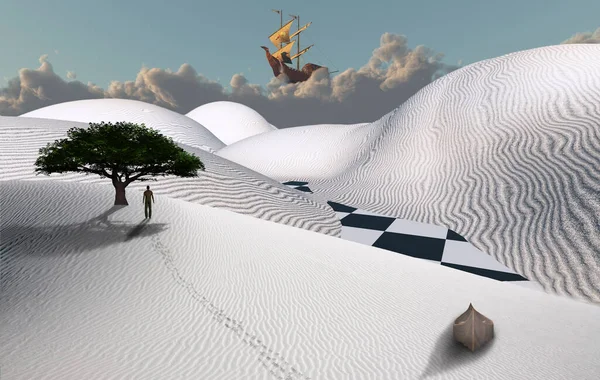 Σουρεαλιστική Έρημος Πράσινο Δέντρο Αμμόλοφο Σκάφος Φιγούρα Ανθρώπου Από Απόσταση — Φωτογραφία Αρχείου