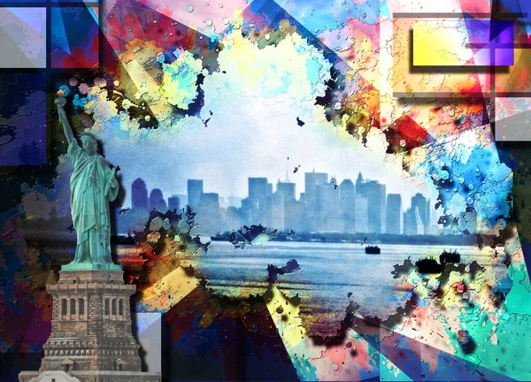 Estatua Liberia Manhattan Panorama Renderizado — Foto de Stock